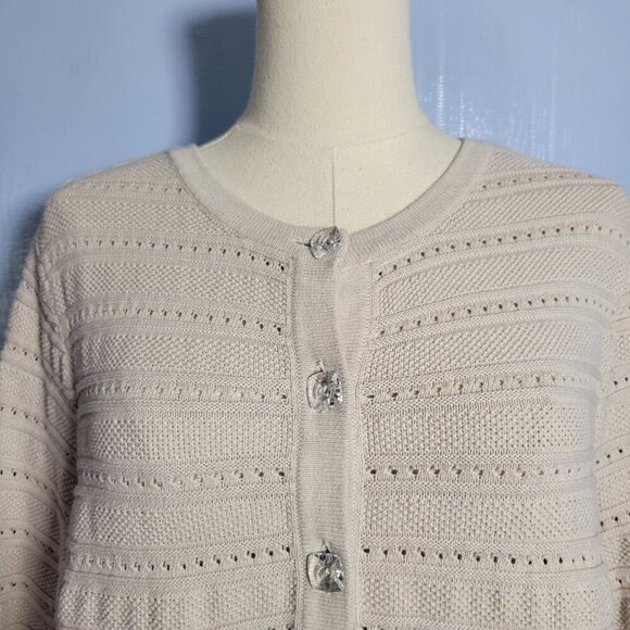 CJ Banks 1X Beige Crewneck Quarter Sleeve Clear Gem Button Up Knit Cardigan - Picture 2 of 12